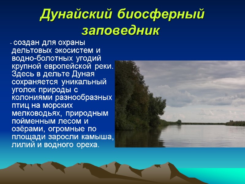 Дунайский биосферный заповедник        - создан для охраны